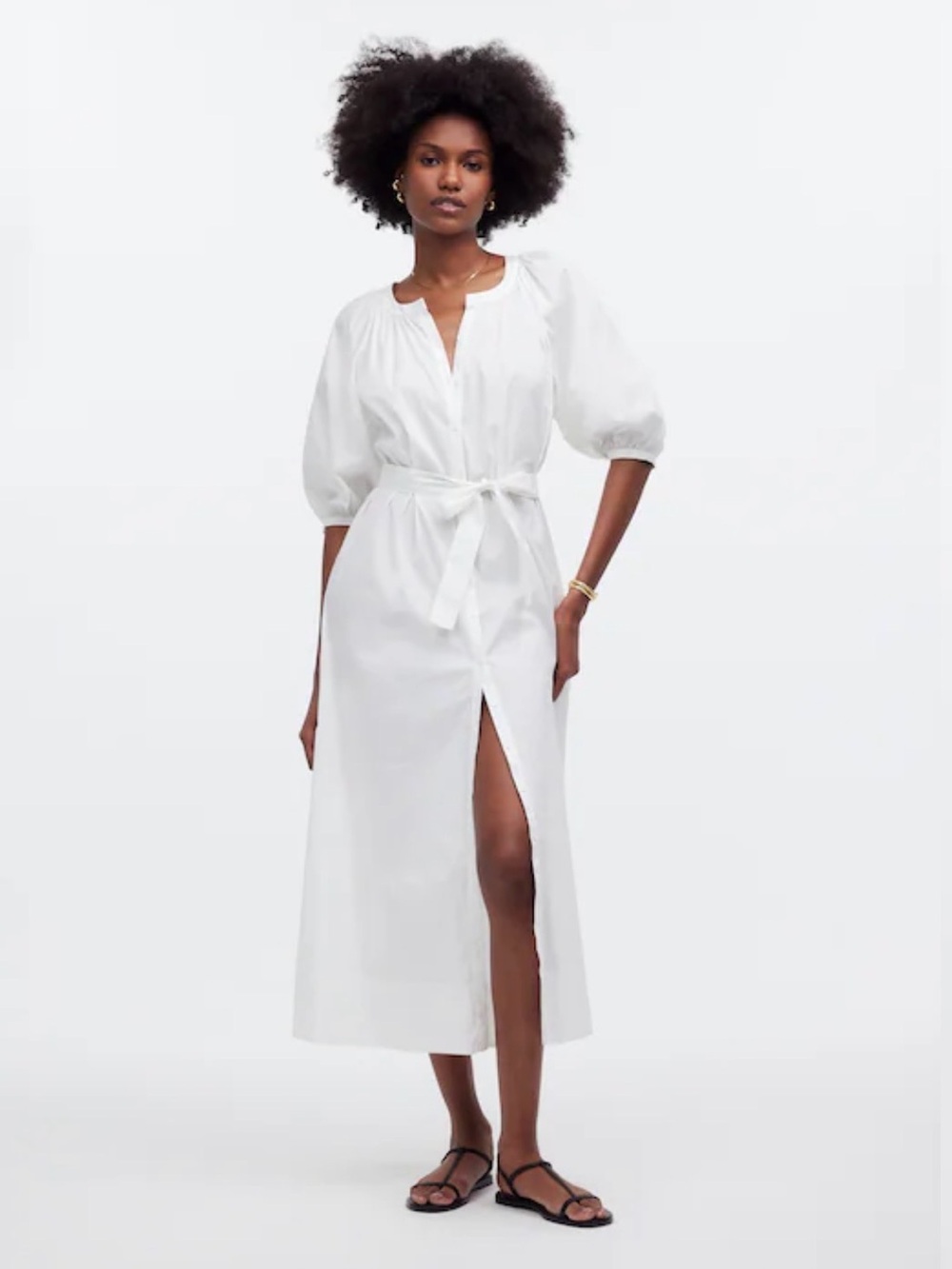 Madewell White Tie-Waist Midi Dress with Puff Sleeves